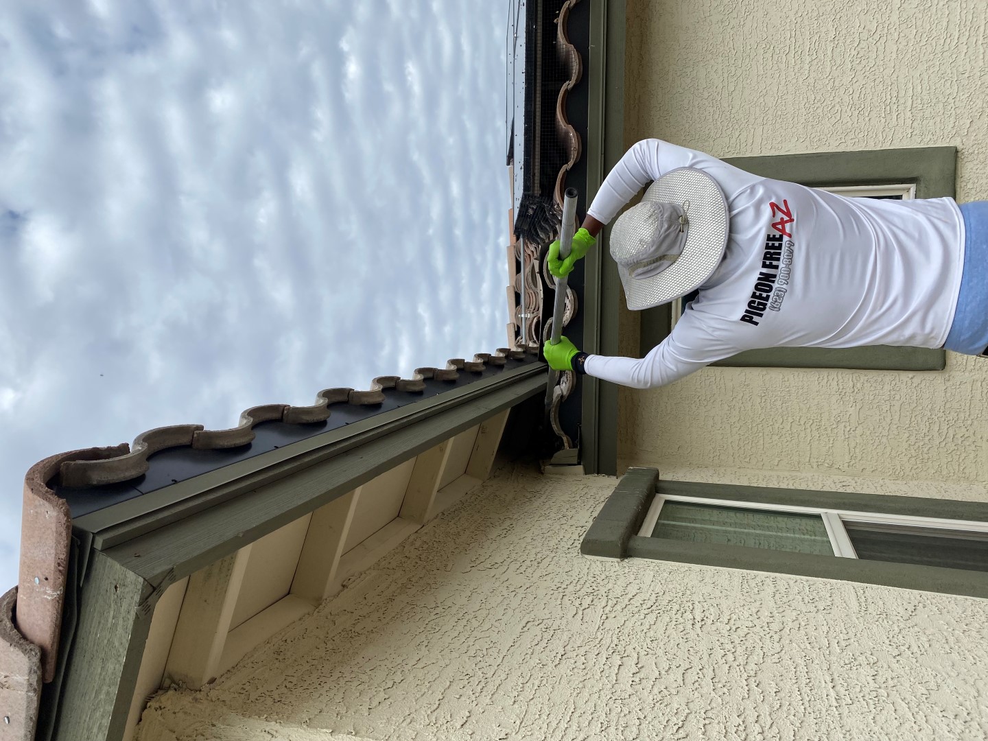 pest controller cleaning underneath house eaves